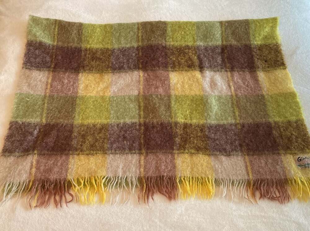 Glentana Mohair Throw Blanket Plaid Green Brown Yellow Fringe Made in Scotland